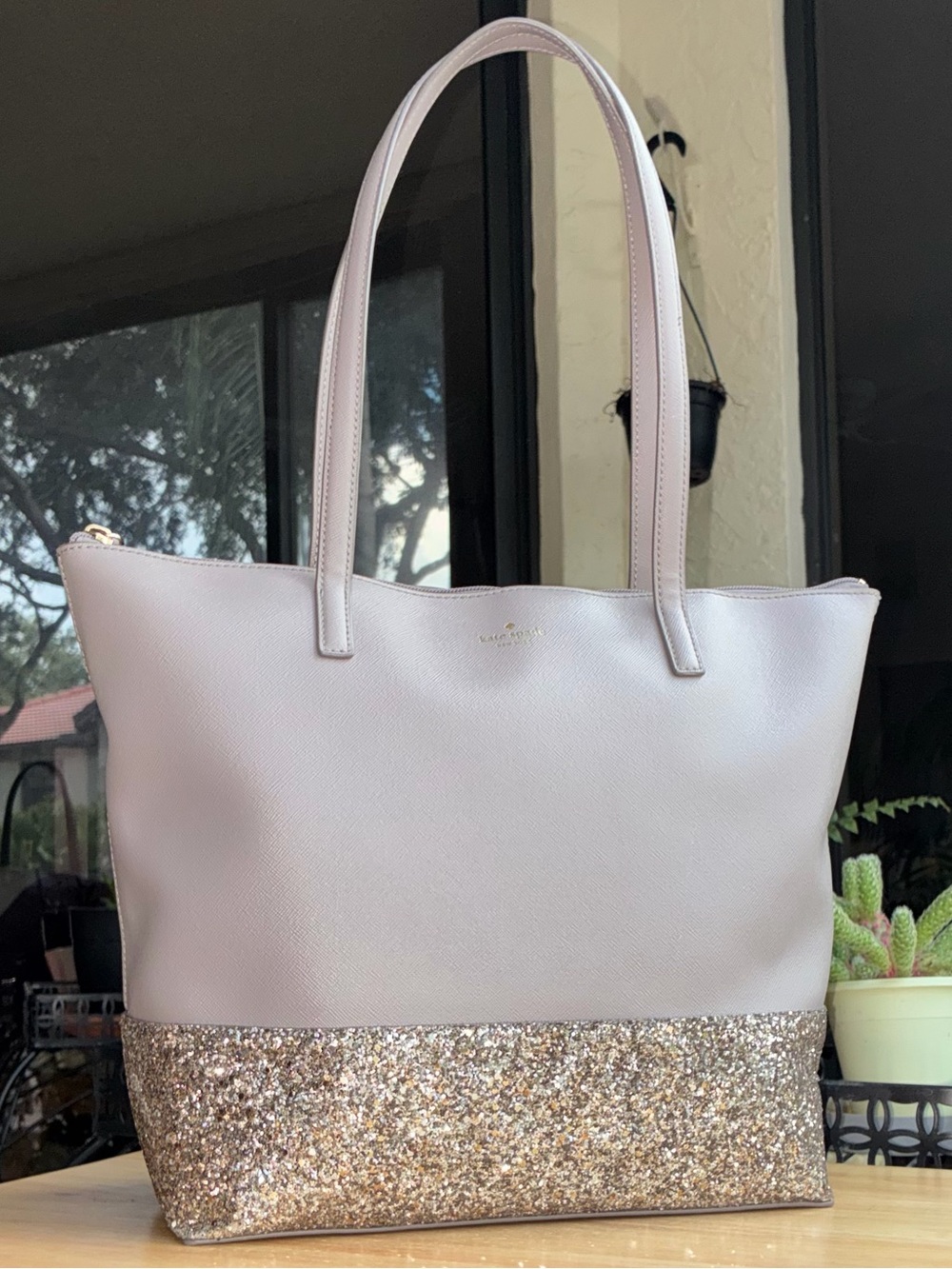 Kate Spade New York Flash Glitter Tote Bag in Cool Grey Lilac Saffiano Leather
